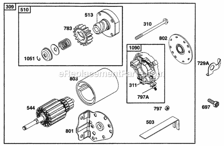 Electric Starter Diagram and Parts List for 254702-0103-01  Briggs and Stratton Engine